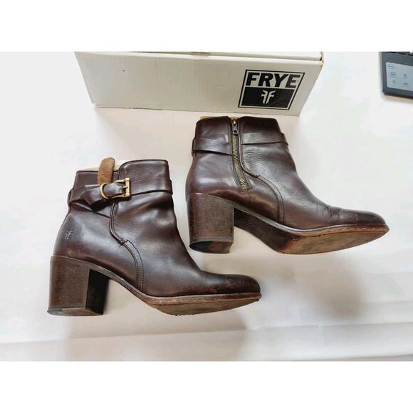 Frye Womens 11 Brown Ankle Boots Malorie Leather Bootie Stacked Heel Buckle - Picture 2 of 11